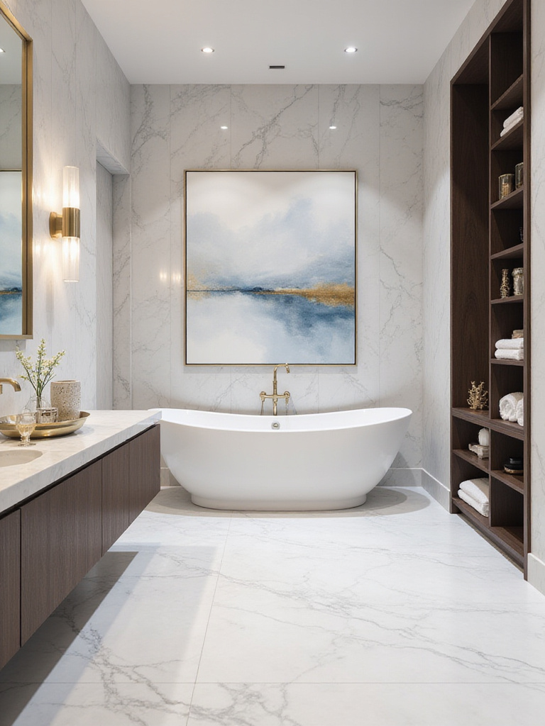 Luxury bathroom interior showcasing framed abstract art above a marble vanity and elegant decorative objects on surfaces, illustrating curated decor in a high-end remodel.
