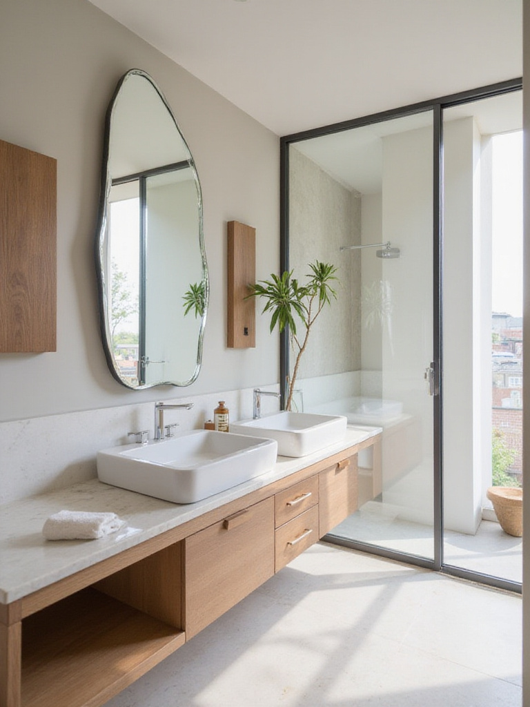 Modern bathroom with custom frameless mirror and floating vanity.