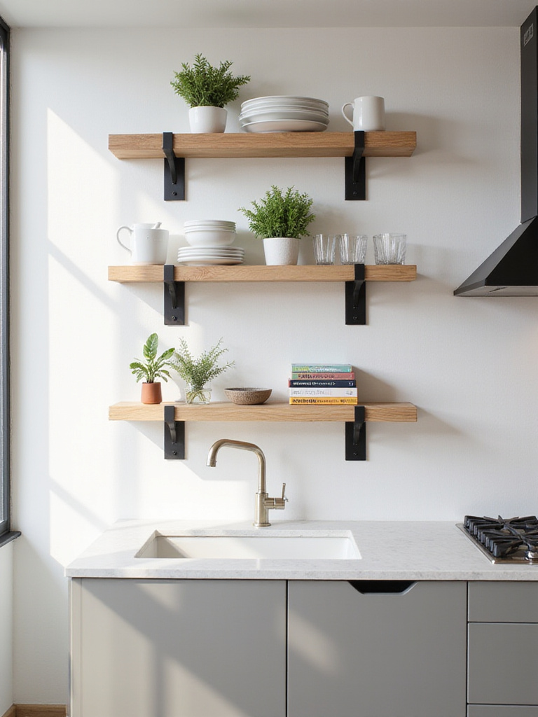 Modern kitchen with chic open shelving made of wood and metal, displaying curated white dishes, glassware, plants, and cookbooks over a quartz countertop.