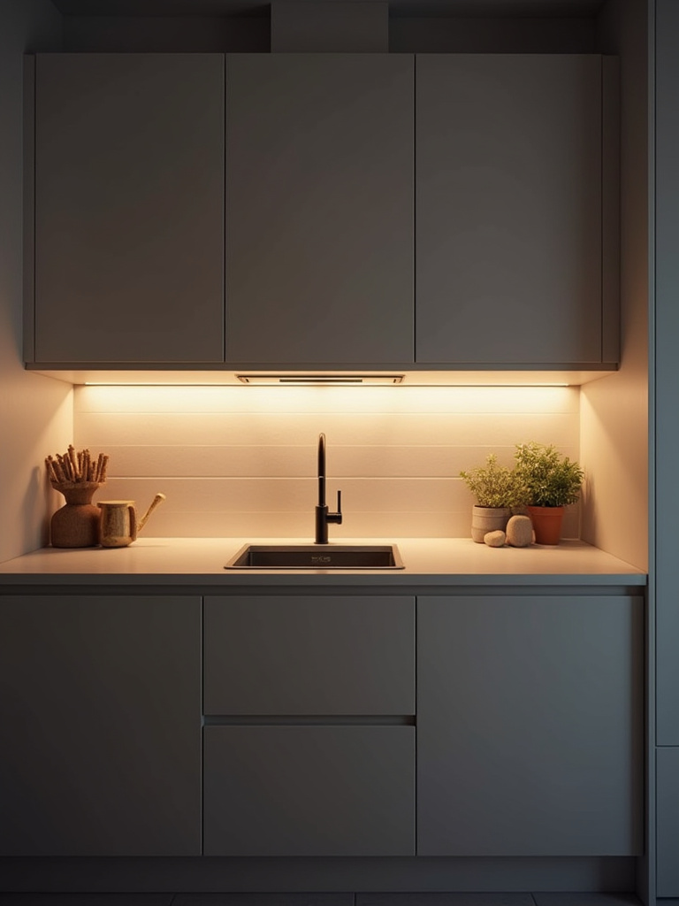 Sleek modern kitchen showcasing the effect of strategic LED under-cabinet lighting illuminating the countertops and backsplash.