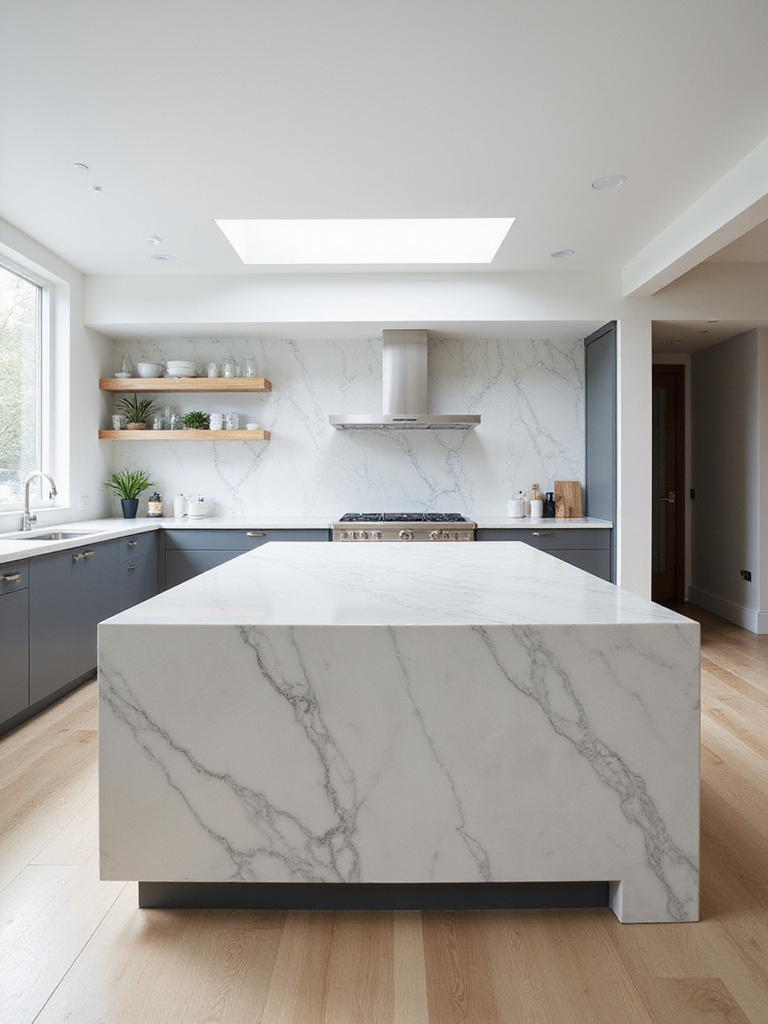 Modern kitchen featuring a large island with a striking white marble waterfall countertop flowing to the floor on one side.