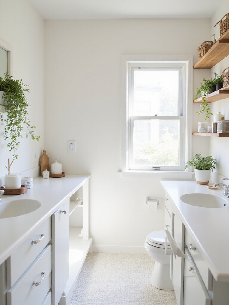 A wide shot of a small, modern bathroom with clear countertops, organized shelves, and no visible clutter, illustrating how decluttering makes a small space feel larger and more open.