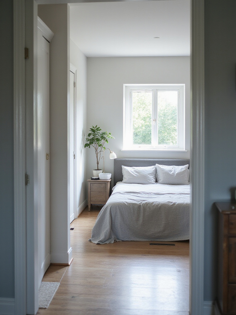 A serene and organized bedroom with clear surfaces, a neatly made bed, and soft natural light, showcasing the benefits of decluttering.