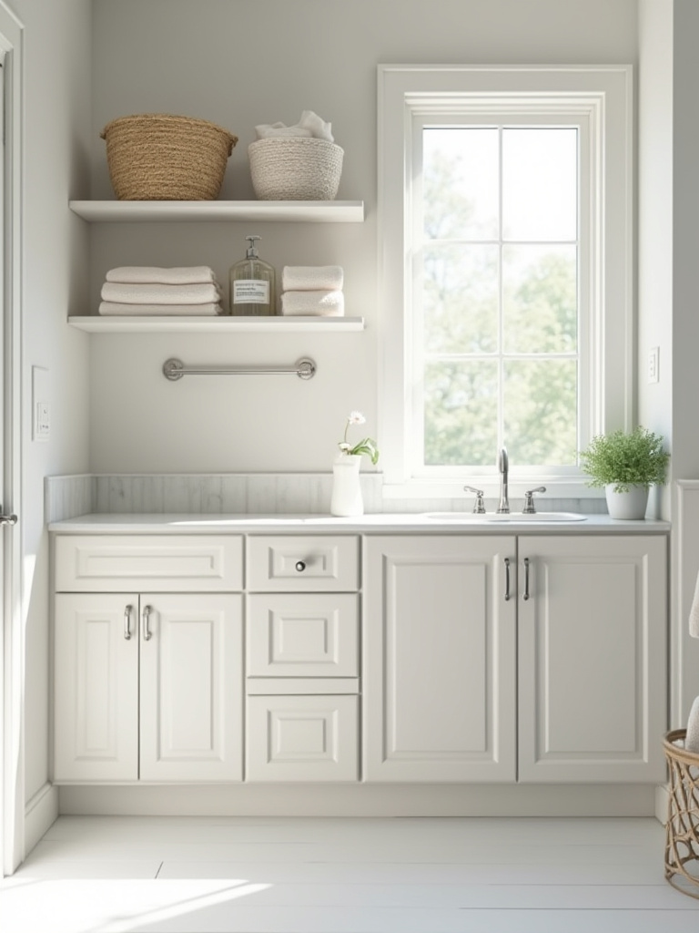 A clean and organized small bathroom vanity and shelving area, illustrating how removing clutter makes a space feel larger.