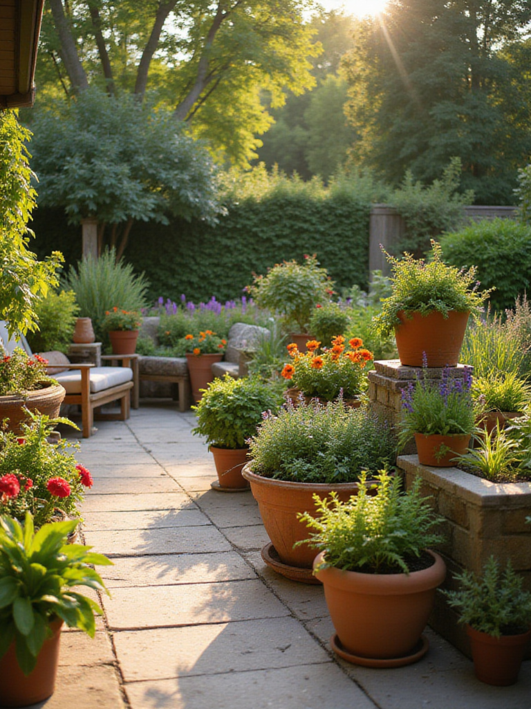 Lush backyard patio with diverse container garden arrangement featuring flowers, herbs, and vegetables in terracotta, ceramic, and wooden planters.