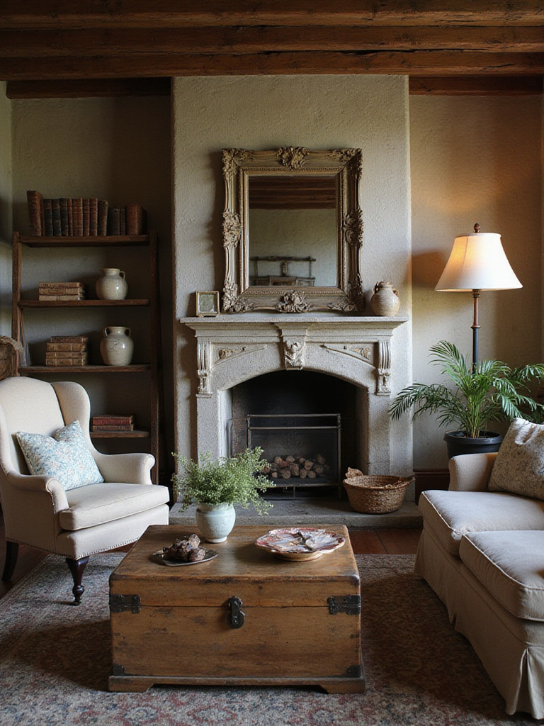 Rustic living room decorated with a vintage wooden trunk coffee table, an antique mirror, and vintage armchair, showcasing cozy charm.