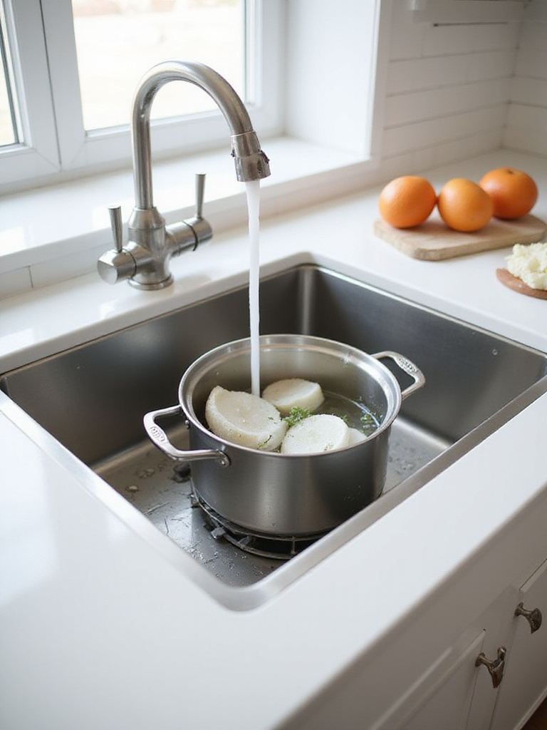 Deep stainless steel kitchen sink filled with water and large pots and pans.