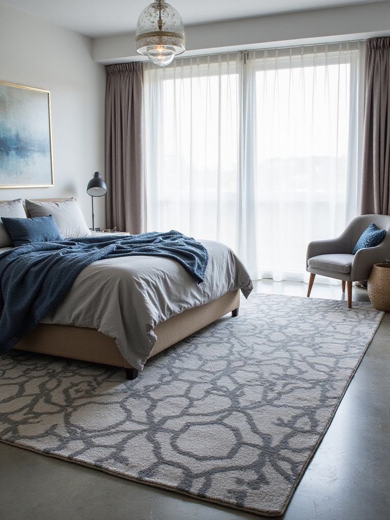 Modern bedroom with a geometric area rug under a king-sized bed