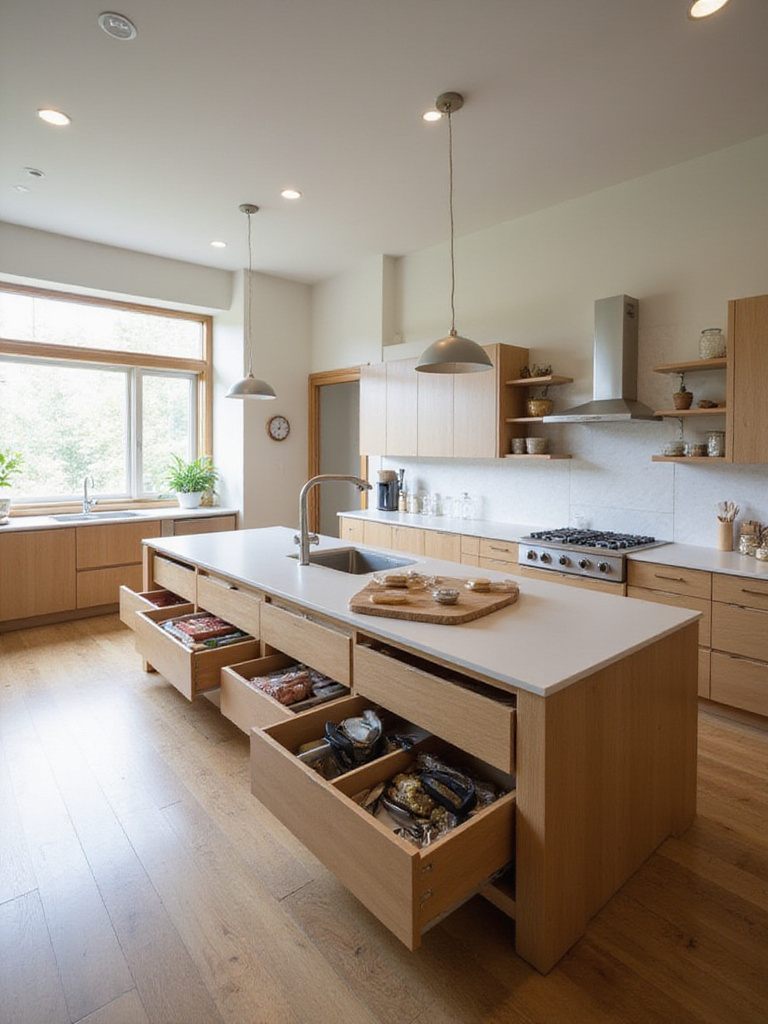 Modern kitchen island designed for food preparation with sink, cutting board, and storage drawers.