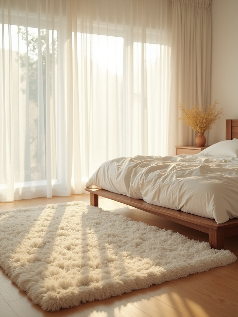 Serene bedroom featuring a large, cozy area rug under the bed, adding warmth, texture, and defining the sleeping zone.