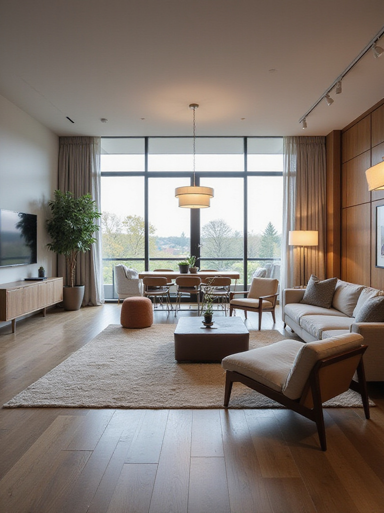 Stylish open-plan living and dining room with clearly defined zones using furniture arrangement, a large area rug, and distinct lighting fixtures.
