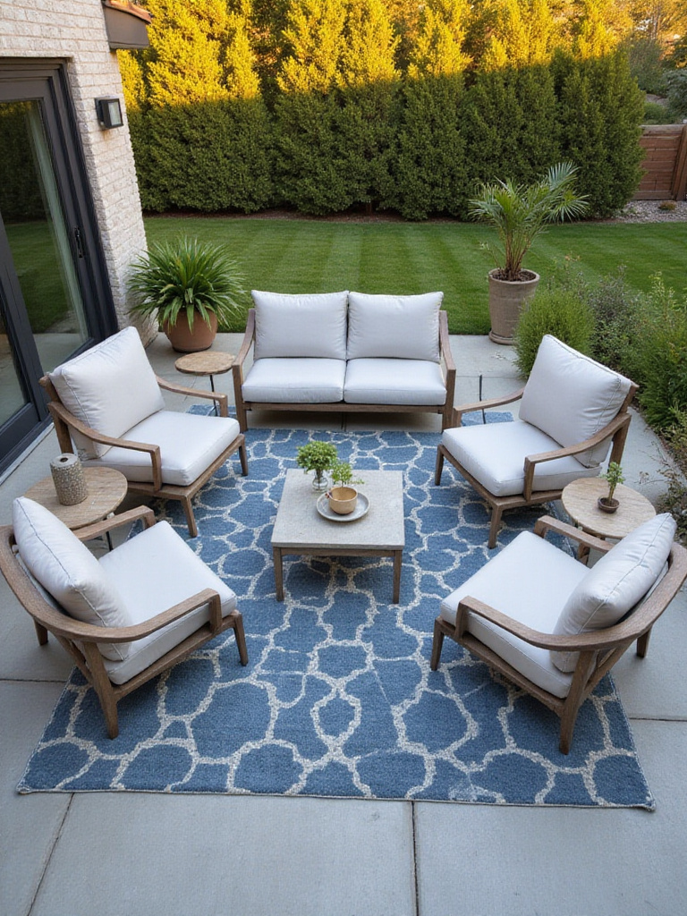 A modern patio with a large blue and grey geometric outdoor rug defining a seating area with a sofa, chairs, and coffee table on concrete pavers.
