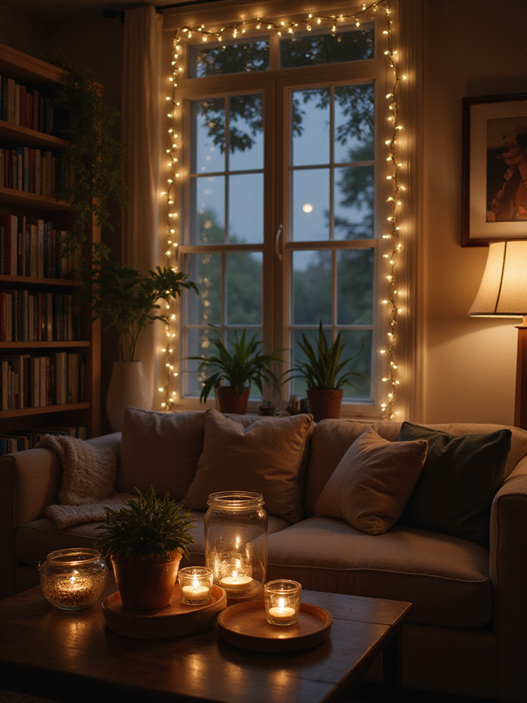 Cozy living room at dusk with warm white string lights creating a magical glow around a window, bookshelf, and in glass jars on a coffee table.