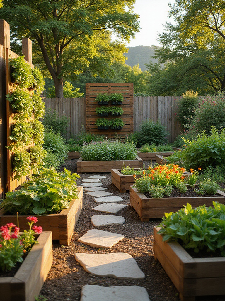 Backyard garden featuring raised garden beds and vertical gardens filled with plants and flowers.