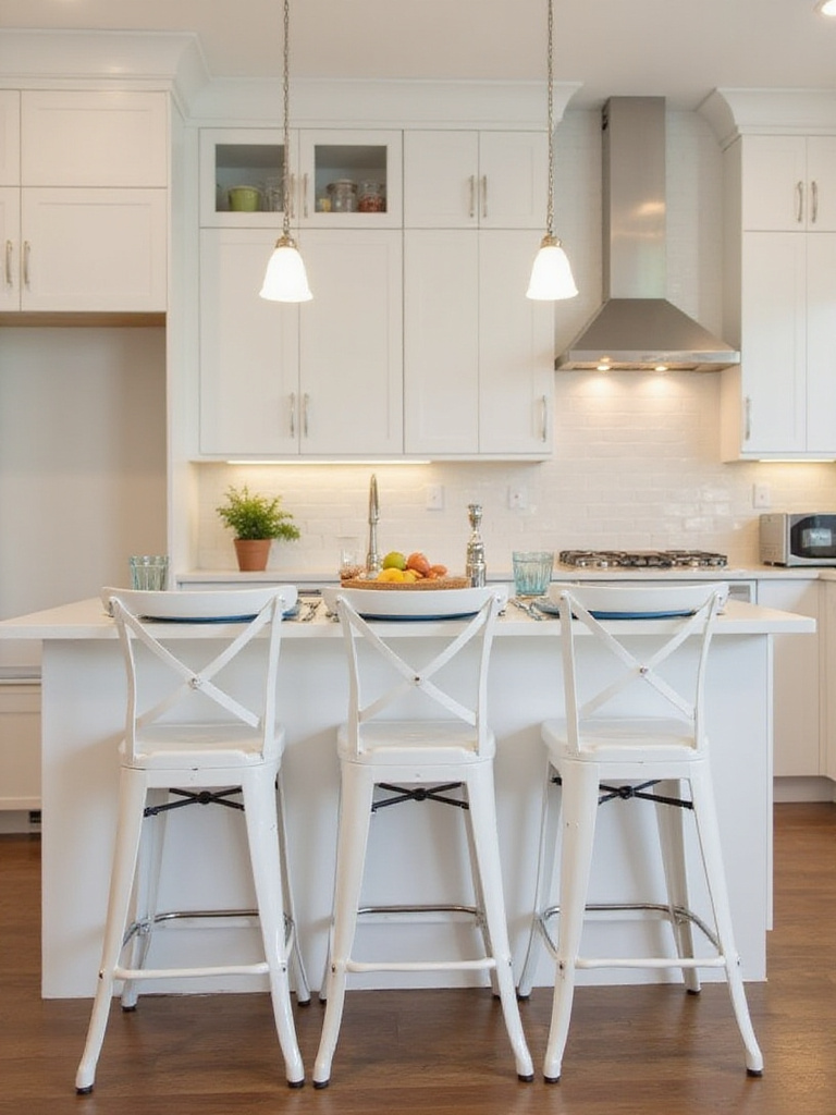 Comfortable counter-height stools with backs arranged around a white kitchen island, designed for relaxed seating and conversation.