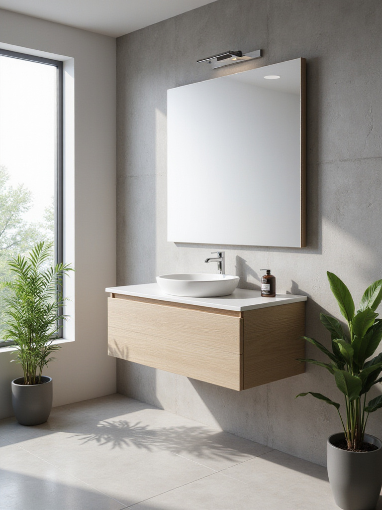 Modern bathroom with sleek floating vanity and natural lighting