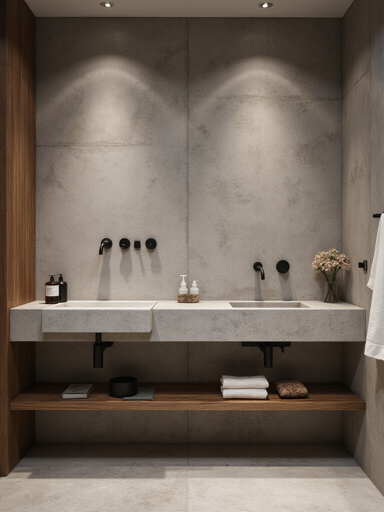 Modern bathroom with concrete accents and warm wood elements.