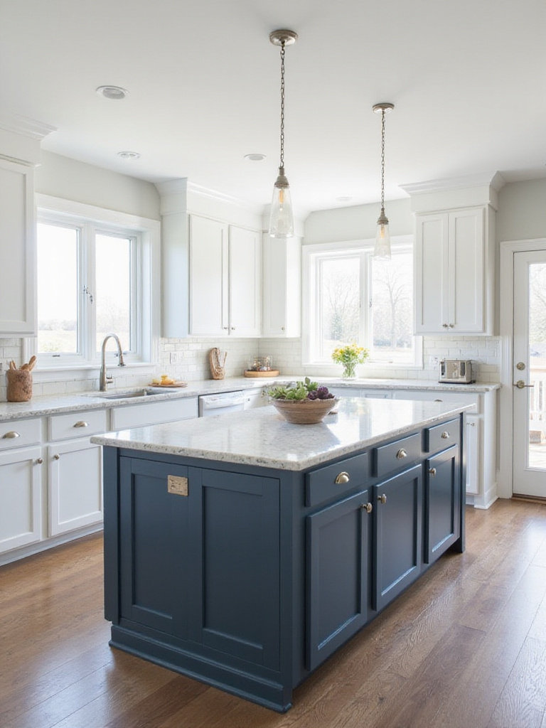 Navy blue kitchen island base contrasting with white shaker cabinets in a modern transitional kitchen.