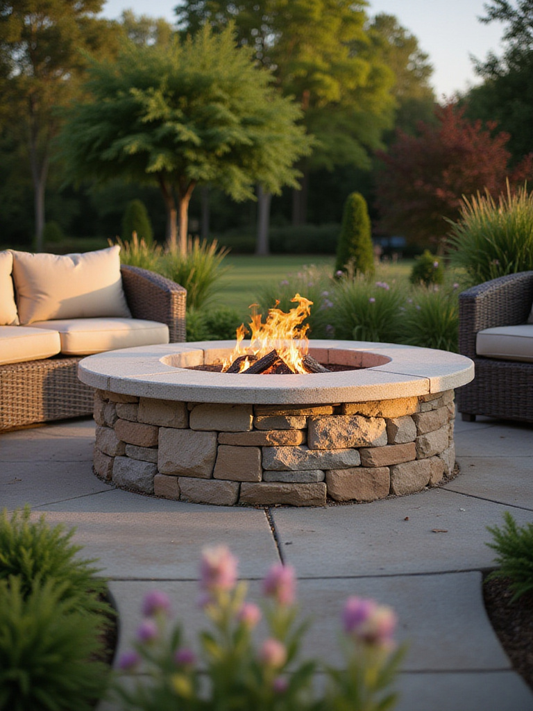 A beautifully designed built-in stone fire pit surrounded by seating in a lush backyard.