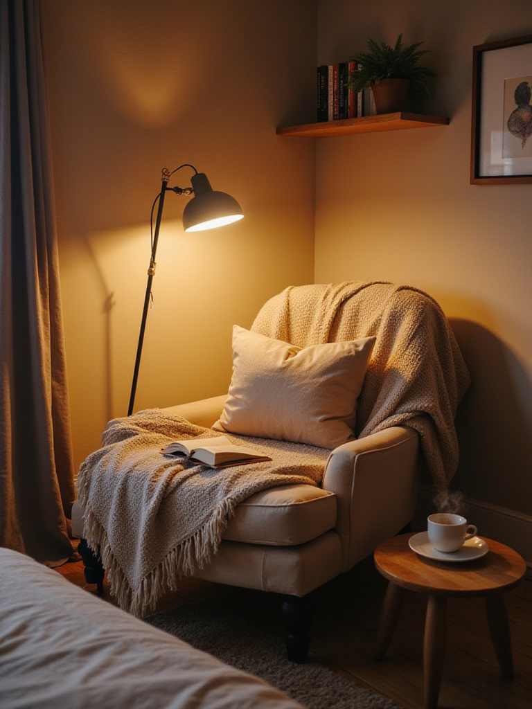 A cozy bedroom reading nook with a comfortable armchair, warm floor lamp, side table, and bookshelves.