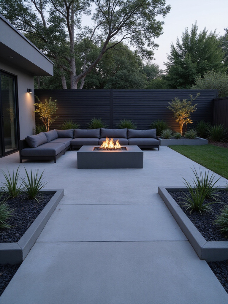 Modern minimalist backyard patio featuring concrete, simple furniture, and geometric landscaping under soft evening light.