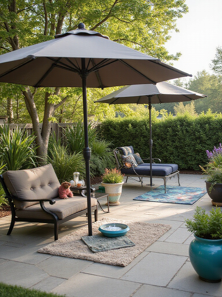 A shaded corner of a backyard patio designed as a pet-friendly chill-out spot, featuring a pet bed, water bowl, and pet-safe plants.