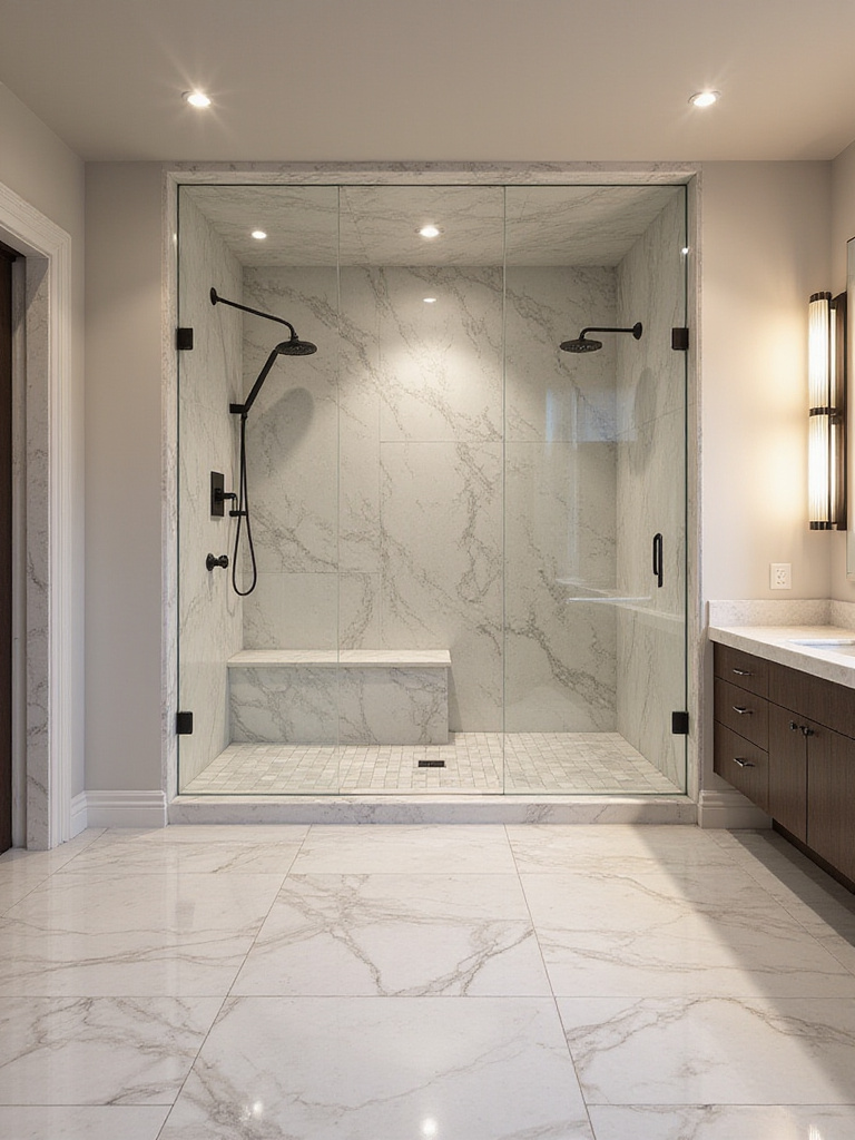 Luxurious bathroom featuring a large, spacious frameless glass walk-in shower with marble tiles and high-end fixtures.