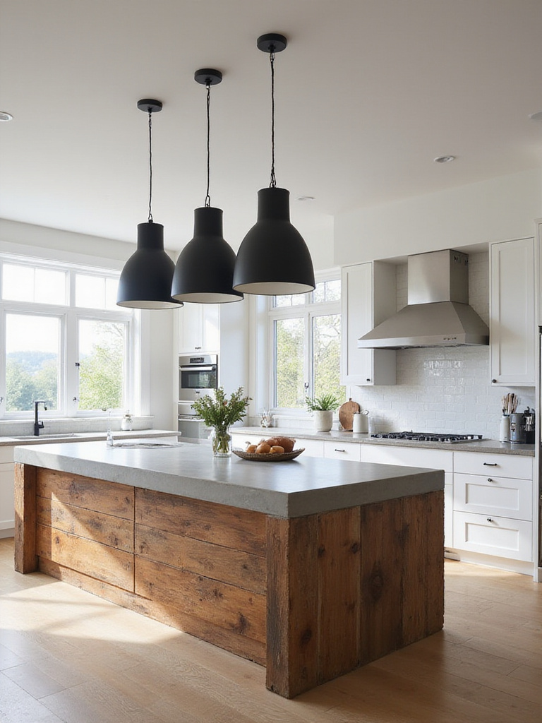 Spacious luxury kitchen featuring a large statement island with a concrete top and reclaimed wood base, illuminated by modern pendant lights.