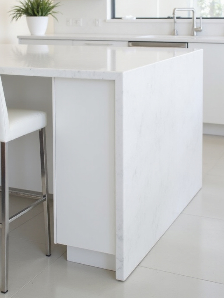 A kitchen island with a waterfall counter edge, where the countertop material extends vertically down the side, creating a modern and high-end look.