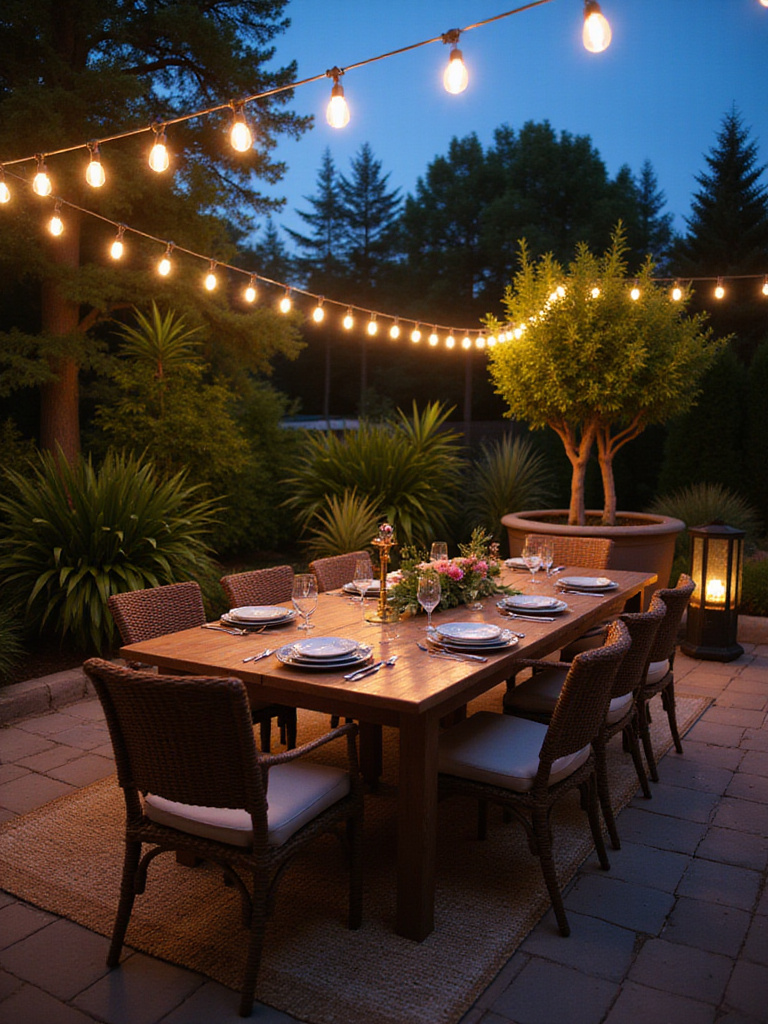 An inviting outdoor patio dining area at twilight, featuring a wooden dining table, comfortable chairs, and warm string lights overhead.