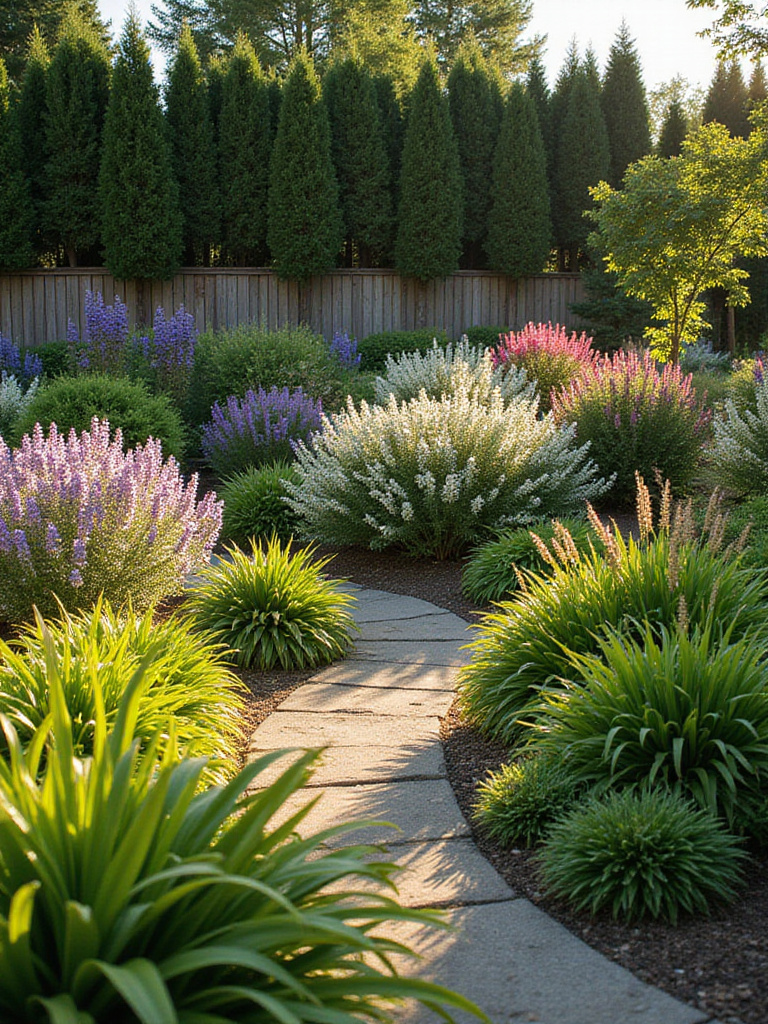Layered garden design with trees, shrubs, and groundcover creating depth and visual interest.