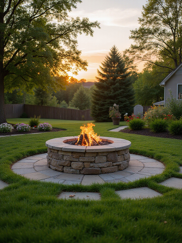A scenic view of a backyard with a fire pit, showcasing ideal safety and enjoyment placement.