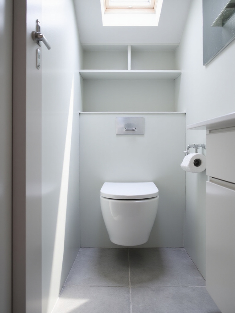 A modern small bathroom features a white wall-hung toilet with a concealed tank, showing clear floor space underneath. Integrated shelving is built into the wall above the toilet, maximizing storage in the compact room.