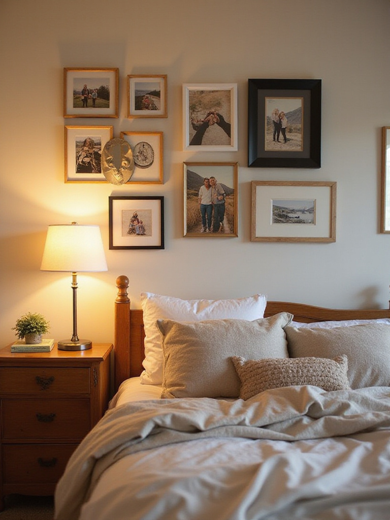 A gallery wall above a dresser in a cozy bedroom, featuring framed personal photos and small artworks, creating a warm and meaningful display.