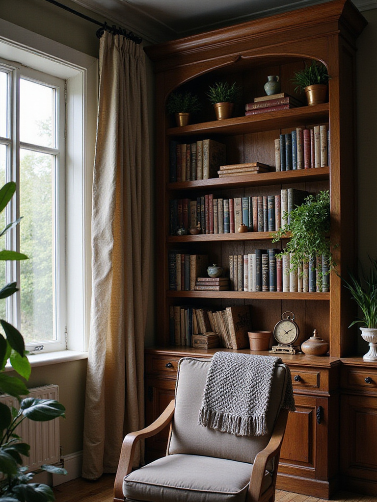 Cozy living room bookshelf filled with books, plants, and treasures