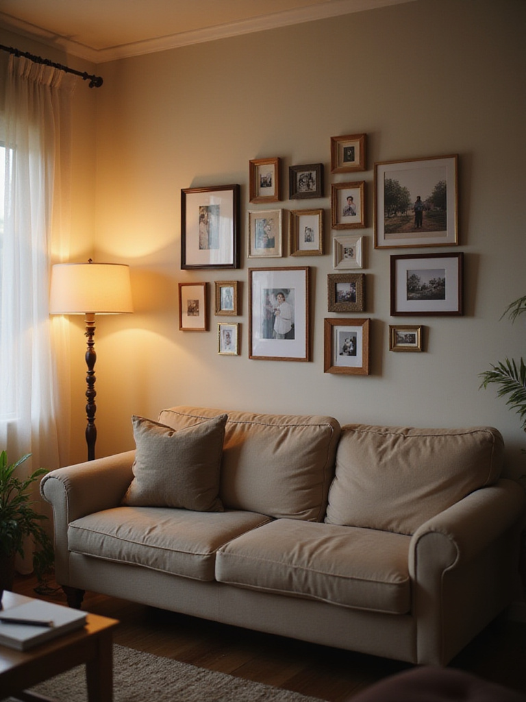 A cozy living room featuring a gallery wall above a sofa, displaying a mix of framed personal photos and meaningful art, creating a warm and inviting atmosphere.