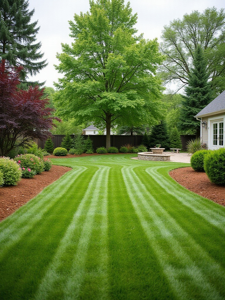 Well-maintained backyard landscape with lush lawn, manicured flower beds, and clean patio.