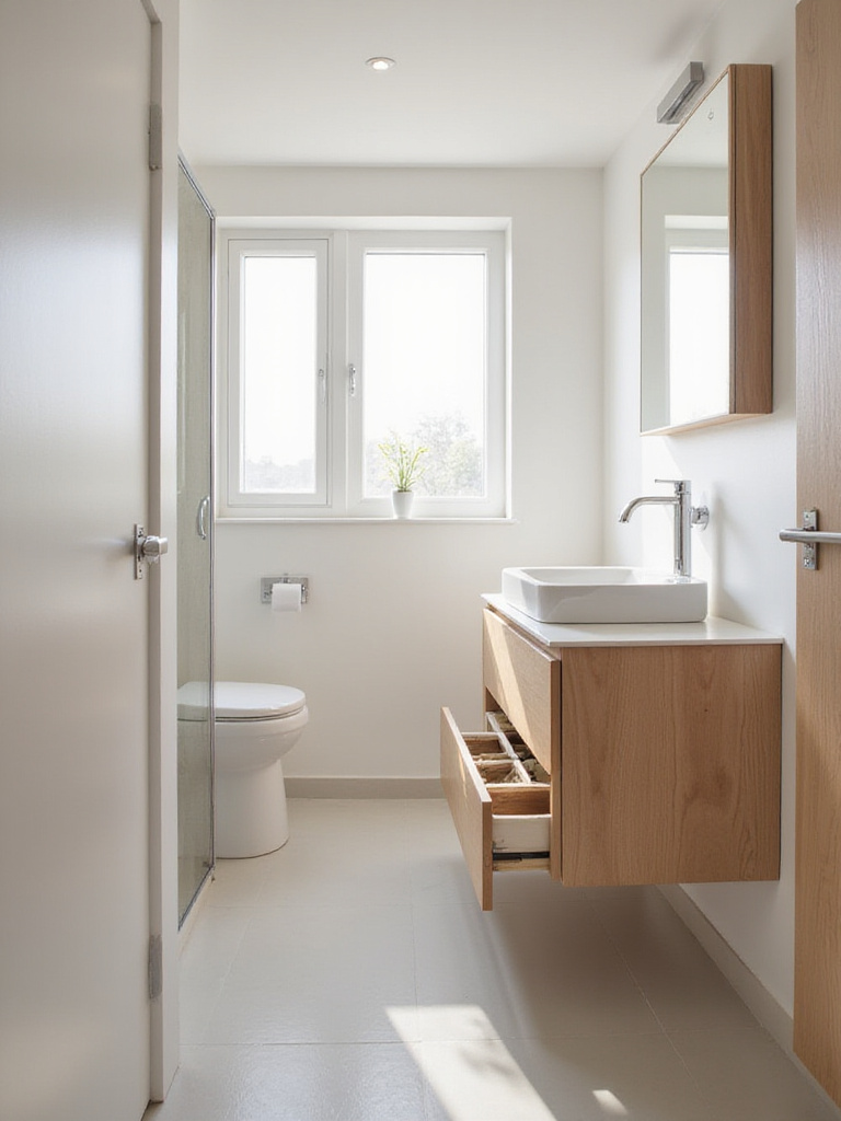 A clean, modern small bathroom featuring a wall-mounted multi-functional vanity with integrated storage solutions, maximizing space.