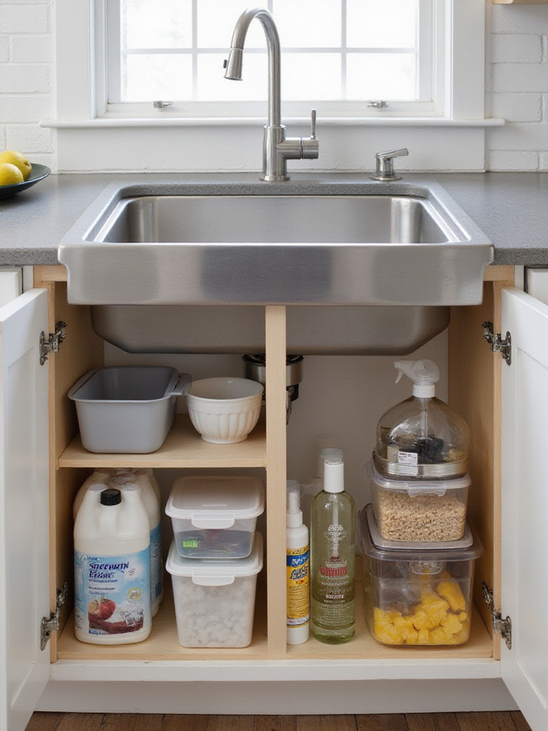 Kitchen sink cabinet with organized cleaning supplies and a rear-offset drain maximizing storage space.