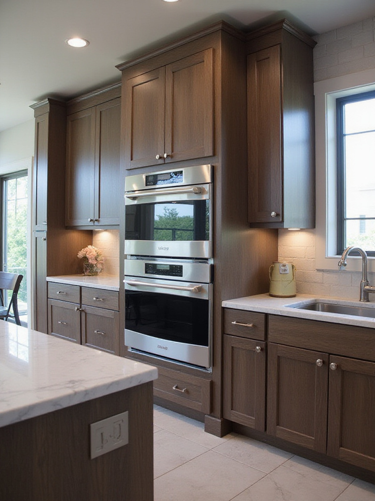 Modern kitchen with stainless steel double ovens built into dark wood cabinetry