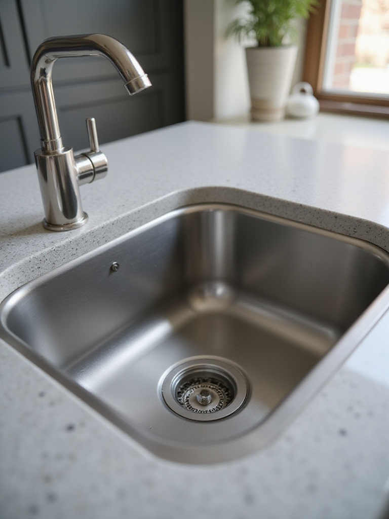 Close-up of stainless steel kitchen sink showcasing easy-clean radius corners