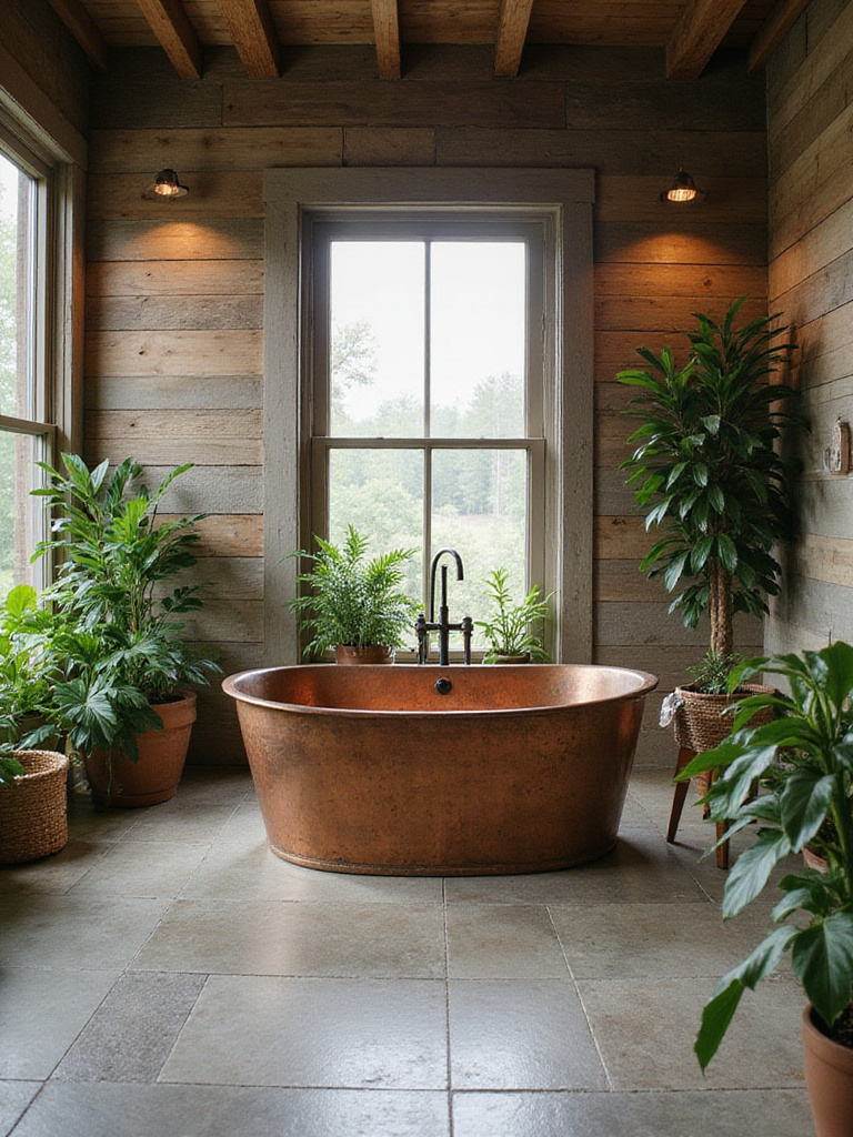 A freestanding copper bathtub in a bathroom featuring natural materials like reclaimed wood walls and stone tile floor, representing eco-friendly bathtub choices.