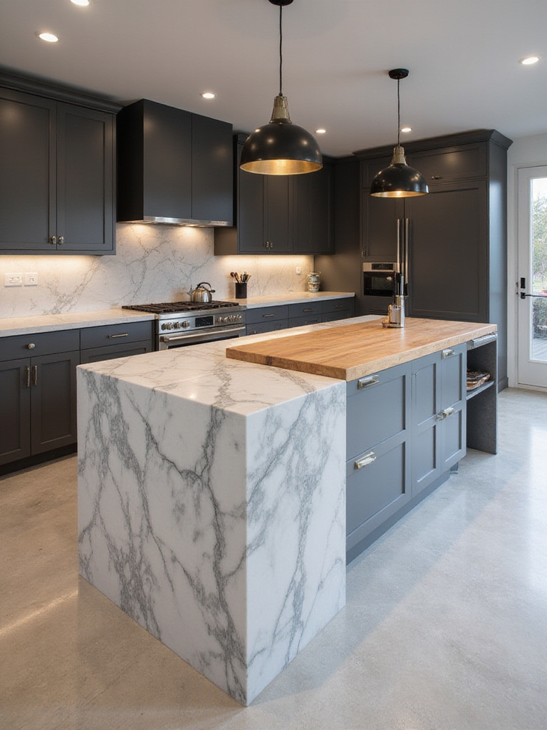 Modern kitchen island with Statuario marble waterfall countertop and contrasting wood butcher block section.