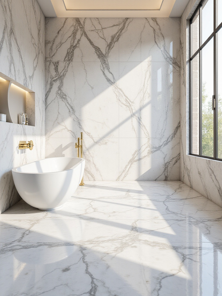 Luxury bathroom with walls and floors covered in large format Calacatta marble tile, featuring prominent gray and gold veining. A modern freestanding bathtub is visible in the spacious, well-lit room, showcasing high-end stone finishes.