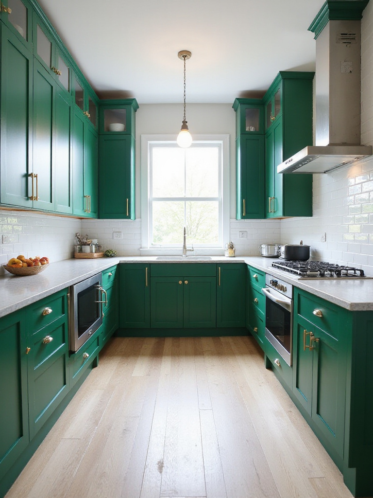 Stunning kitchen interior featuring deep emerald green cabinets, light grey countertops, white subway tile backsplash, and stainless steel appliances, illuminated by natural light.
