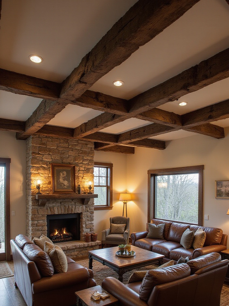 Rustic living room with dark exposed wood beams on a light ceiling, featuring cozy furniture and natural textures.