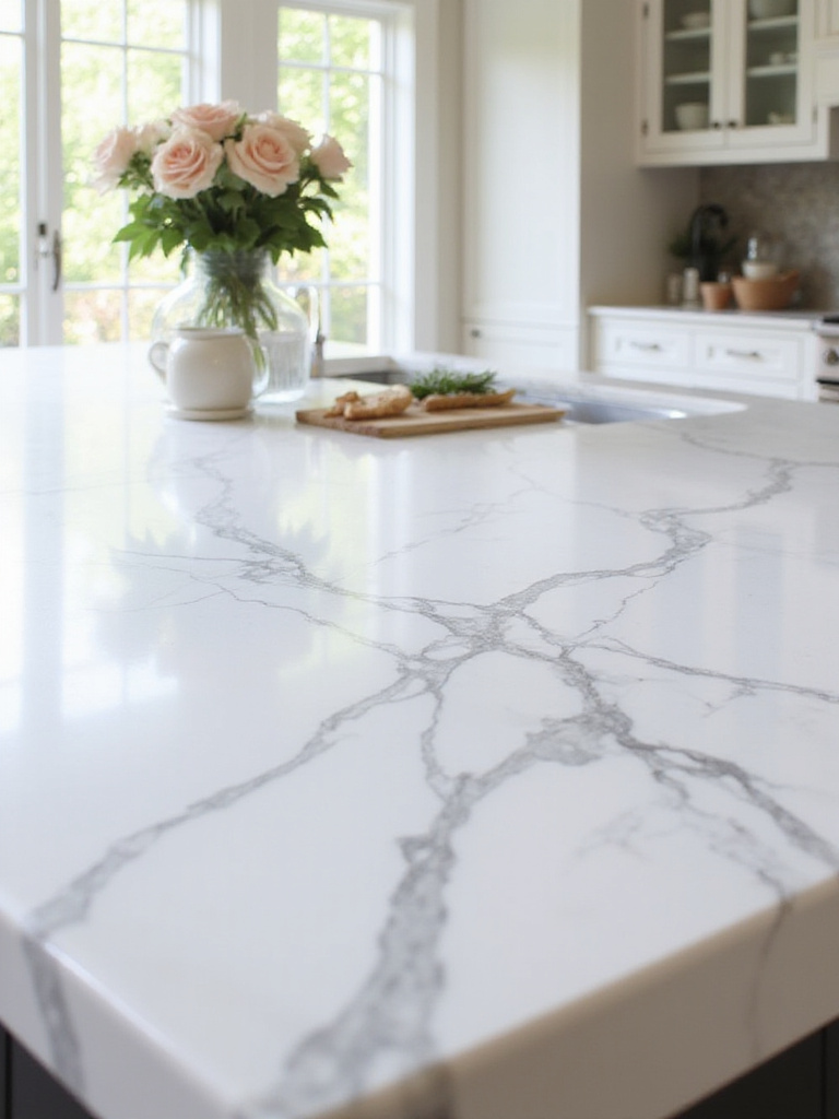 A white marble countertop with elegant gray veining in a luxurious kitchen, showcasing its natural beauty and the need for understanding its care.