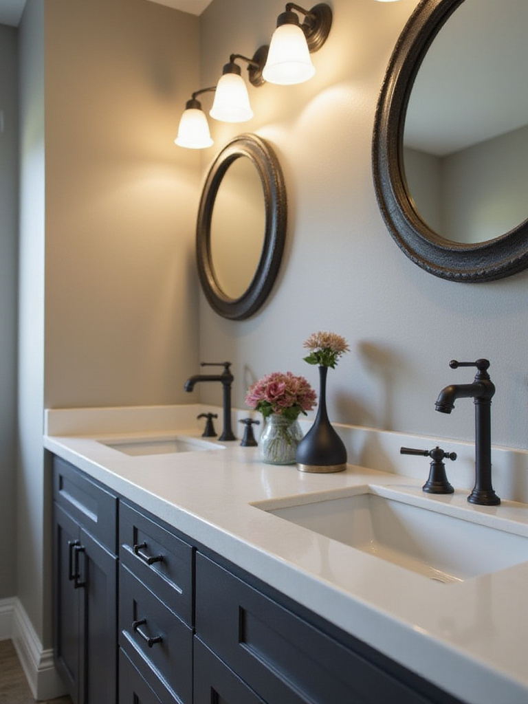 Modern bathroom featuring matte black and brushed nickel fixtures