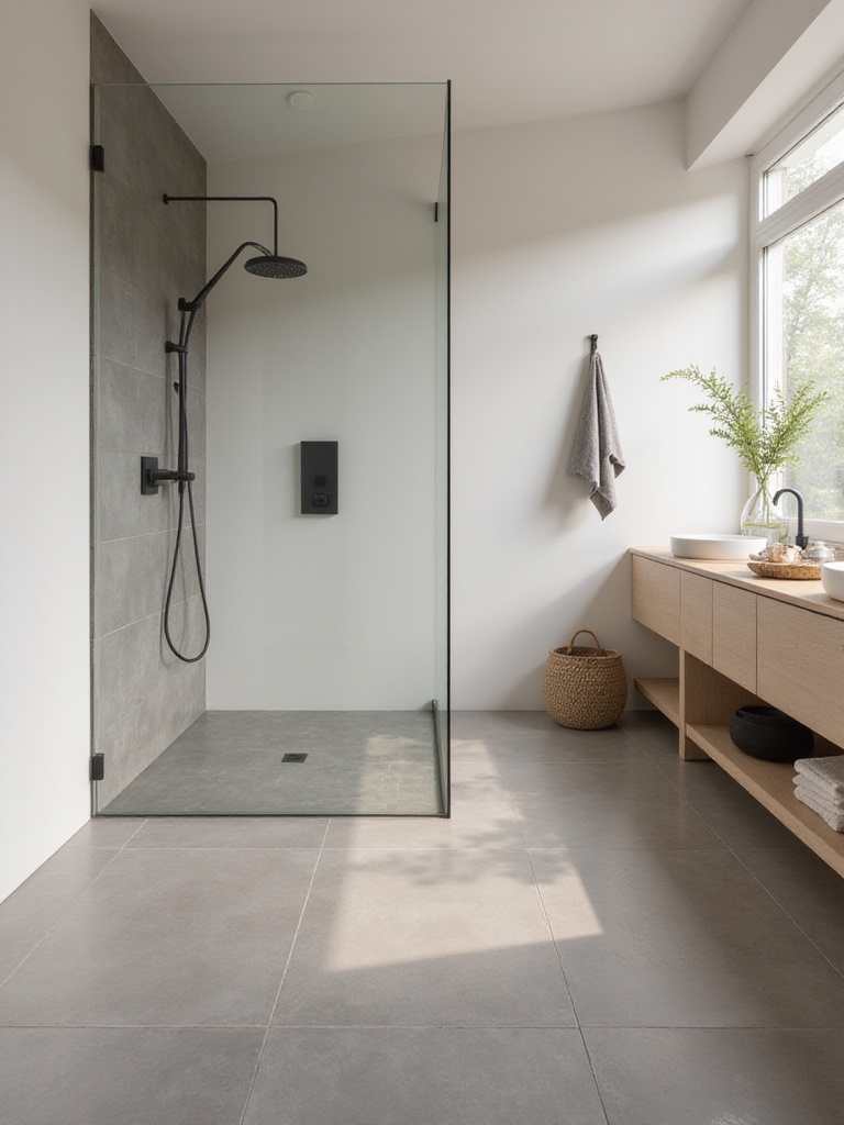 Modern bathroom with a serene neutral color palette featuring matte grey tiles and light oak vanity.