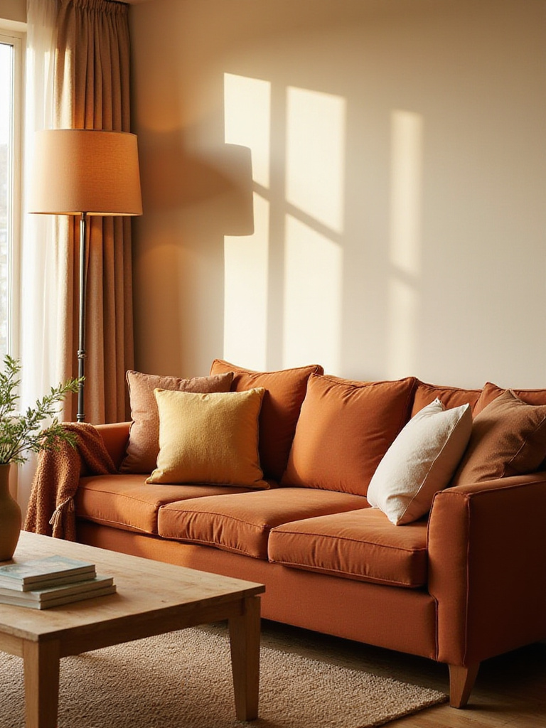 Cozy living room with warm beige walls and terracotta sofa